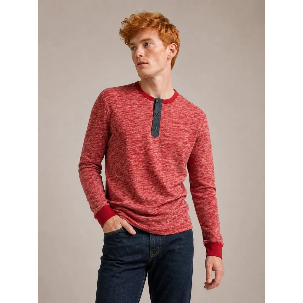 Banana Republic Marled Men's Henley Long Sleeve Shirt Red Cotton Size M